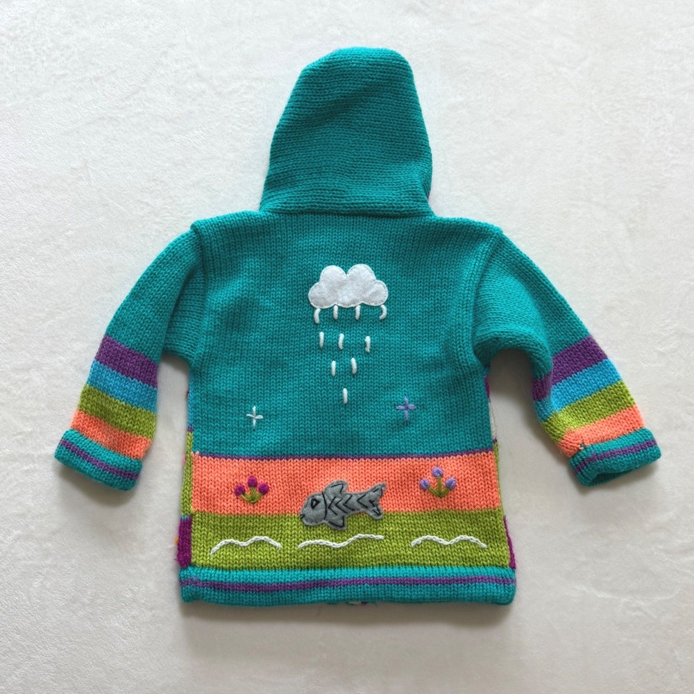 Unbranded Knit Hoodie Toddler 2T Teal Wool Blend Llama Cactus Peru Sweater - Picture 6 of 6